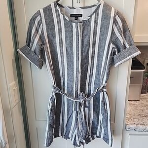 Banana Republic Romper 0‎ Gray Stripes Linen Blend Belted Coastal Boho Minimal